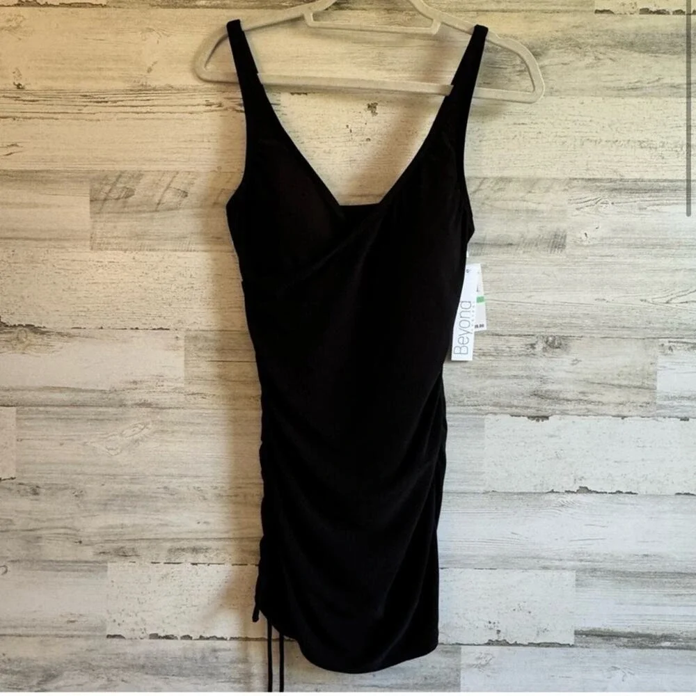 NWOT Beyond Control Black Surplice Ruched Swim Dress Tankini Top